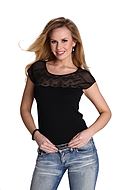 Short sleeve top, cotton, floral lace, mesh inlay